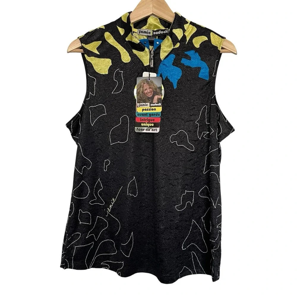 NEW Jamie Sadock‎ Golf Top Womens L Black Yellow Blue Abstract Zip UPF 30 Sporty